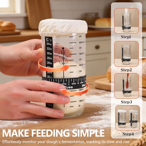 Sourdough Starter Kit with Banneton Proofing Basket, Starter Jar and Tools - color: Brown