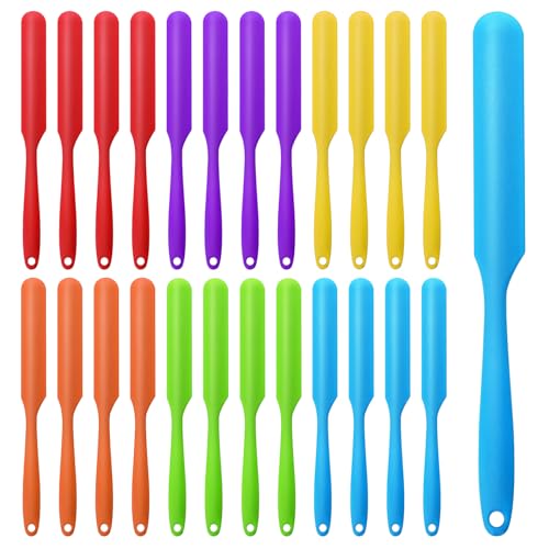 24 Pcs Silicone Jar Spatula Set Heat Resistant Silicone Jar Spatula Flexible Non Stick Jam Spatula with Long Handle Mixing Batter Scraper for Butter Cake Cream Icing Cooking Kitchen Baking