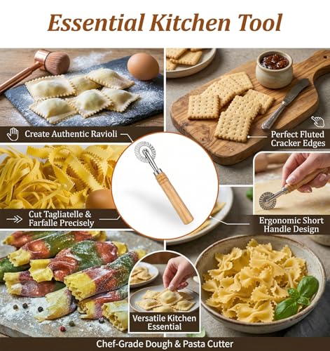 Pastry Wheel Cutter Tool, Pasta Cutter Wheel with Wooden Handle, Making Pizza Dumplings, Roller Pastry Cutter Tool for Home and Kitchen