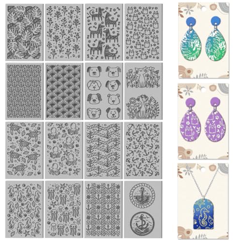 CHGCRAFT 16 Sheets Animal and Plant Clay Texture Mat Ocean Polymer Clay Texture Sheets DIY Tools for Pottery Earring Jewelry Making Stamp Engraving Machines, 4x2.6inch - style: Animal and Plant