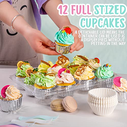 (12 Pack x 25 Sets) Stackable Cupcake Carrier with 300 Pack Cupcake Liners, Plastic Cupcake Boxes Holders for 12 Cupcakes, Cupcake Containers, Clear Disposable Cupcake Trays