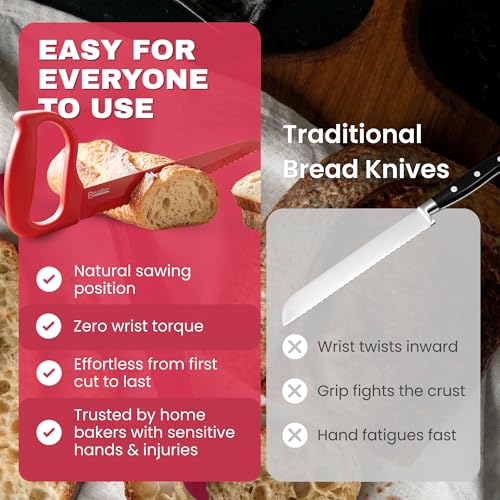 Sourdough Bread Knife, 8" Serrated Blade with Ergonomic Handle, Stainless Steel, Red - color: Red