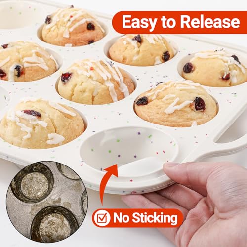FUNBAKY Silicone Cupcake Pan, Metal Reinforcement Regular Size 12 Cups & Mini 24 Cups Nonstick Easy to Demold Baking Mold for Making Homemade Muffins - size: Regular 12-Cup + Mini 24-Cup