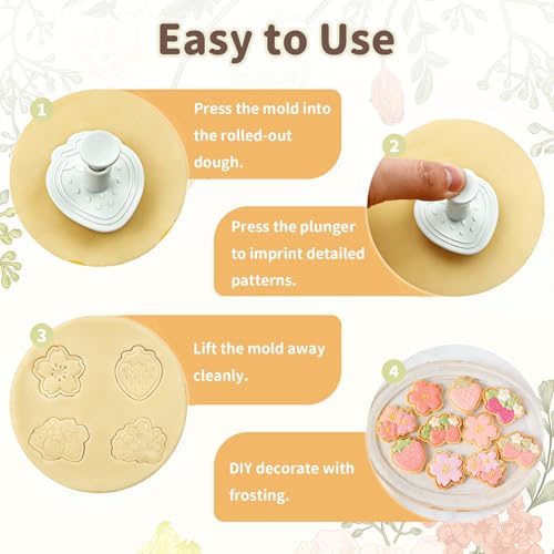 Strawberry & Cherry Blossom Spring Cookie Cutters, 4 Designs with Spring Pusher, Sakura Strawberry Biscuit Molds for Spring Party DIY Baking & Decorations - Set of 4 - color: Strawberry Cookie Cutter