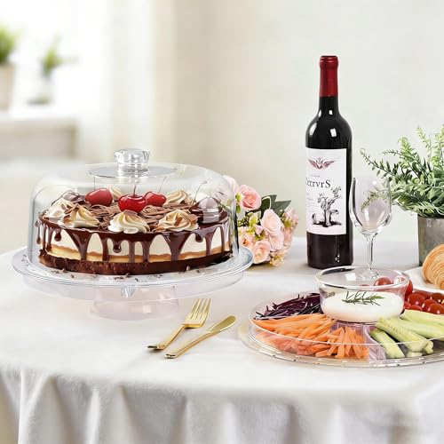 Acrylic Cake Stand with Dome Lid, 12.2 Inch 6-in-1 Clear Cake Plate Carrier with Handle, Crystal Display Holder with Cover for Birthday Parties, Weddings, Cupcakes, Fruit Platter & Home Baking Gift