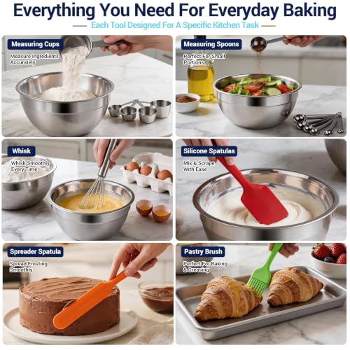 WEPSEN Mixing Bowls with Lid Set, 25PCS Kitchen Utensils Metal Bowl Stainless Steel Nesting Bowls, Measuring Cups and Spoons, Egg Whisk for Baking Prepping Cooking Serving Supplies - color: Colorful Bowls Set