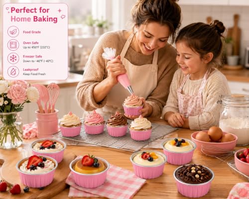 30 Pack Mini Round Aluminum Foil Cake Pans with Lids and Spoons, Food Grade Disposable Baking Cups Ramekins, Oven Air Fryer Freezer Safe for Wedding Favors Mother's Day Party (Pink (Round)) - color: Pink (Round)