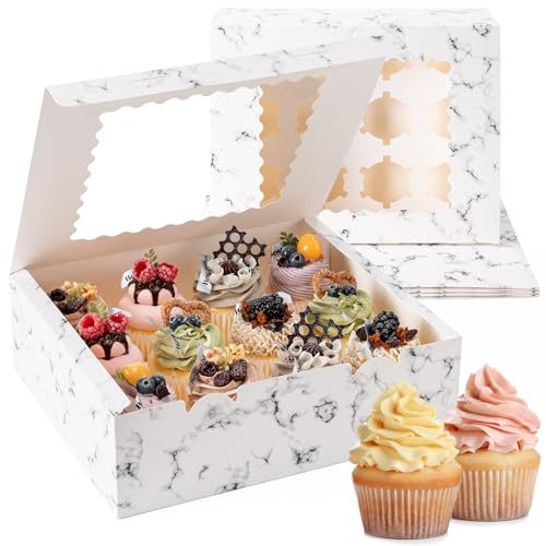 12 Count Cupcake Boxes, 4PCS Cupcake Container with Window and Inserts - color: Marble