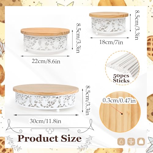 3-Tier Wooden Cake Pop Stand Set, White Metal Decorative Border, 11.8/8.7/7.1 Inch Round Display Stands with 35 Holes, 50 Sticks Included for Party Wedding