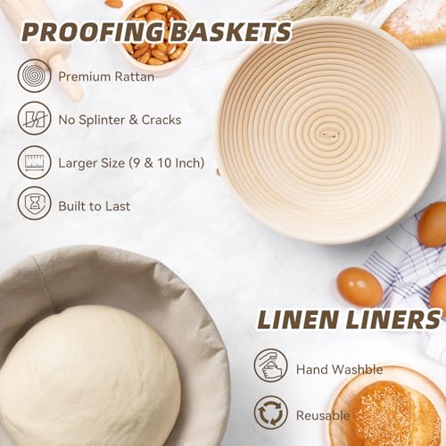 Kikcoin 9" & 10" Banneton Bread Proofing Basket Set, Round Banneton Basket for Sourdough Baking, Baking Supplies with Linen Liner, Bread Lame & Dough Whisk, Sourdough Proofing Tools - size: 9" Round & 10" Round