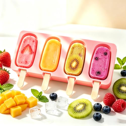 Silicone Popsicle Molds, 2 Pcs Pink Popsicles Molds, 4 Cavities Ice Cream Mold with 50 Wooden Sticks for Making Cakesicles Fudgesicle Candy DIY Cake Ice Pop Summer Party Supplies - color: Pink