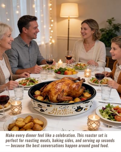 Round Turkey Roasting Pans Set of 4, Enamel Cake Baking Pan for Oven - color: Creamy White Printed Pattern