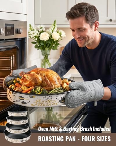 Round Turkey Roasting Pans Set of 4, Enamel Cake Baking Pan for Oven - color: Creamy White Printed Pattern