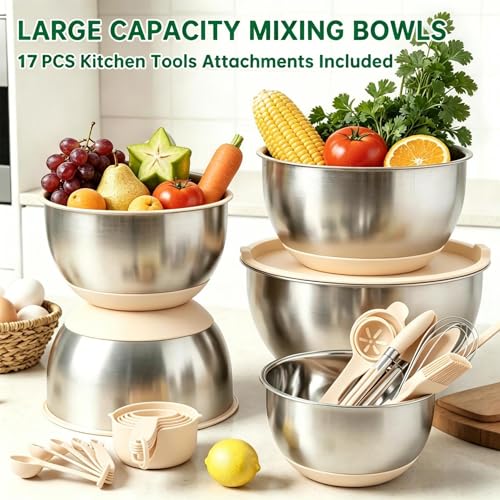 Deedro Mixing Bowls with Airtight Lids, Stainless Steel Mixing Bowls Set - color: Khaki