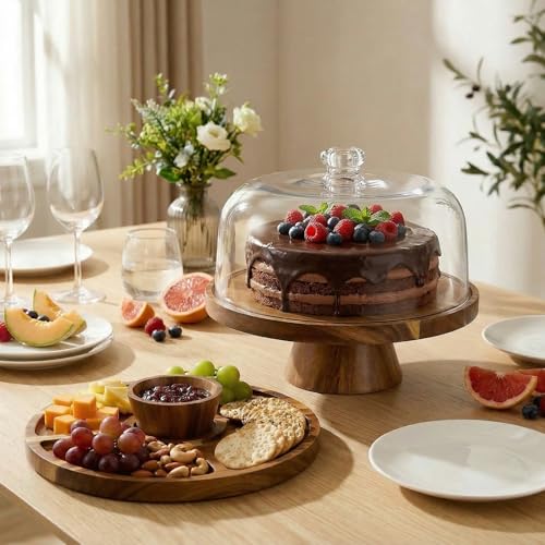 Acacia Wood Cake Stand with Lid 11.4" Charcuterie Board With Lid Multiuse Wooden Cake Stand with Dome Acrylic 6 in 1 Wood Cake Stand With Lid - color: Brown