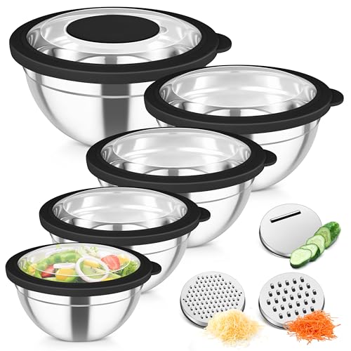 TeamFar Mixing Bowls, Stainless Steel Salad Serving Bowl with Clear Lids - color: Black