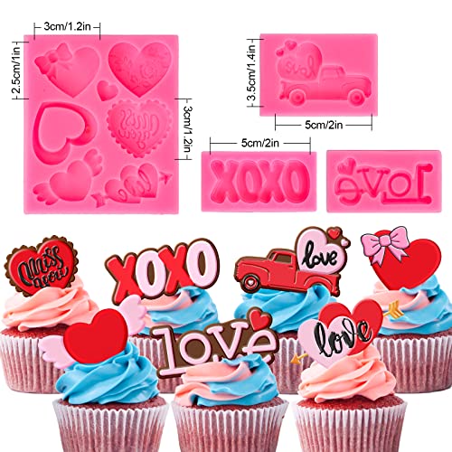 Whaline 4Pcs Valentine's Day Fondant Molds Heart Rose Truck Pattern 3D Silicone Mould Love XOXO Resin Mold Cupcake Cookie Baking Decorating Mould for Wedding Anniversary Mother's Day DIY Candy - style: Valentine's Day