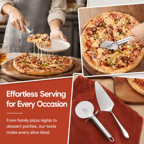 2Pcs Stainless Steel Pizza Cutter Wheel and Serving Spatula Set, Silver Kitchen Baking Pastry Cutting Tools for Pizza