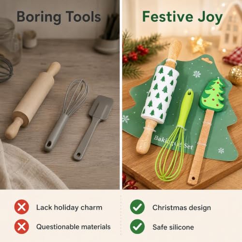 3-Piece Christmas Baking Set, Silicone Spatula Whisks Rolling Pin - color: 3-Piece Christmas Baking Set