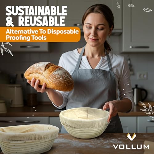 Vollum Banneton Bread Proofing Basket with Liner, Round 8.5" - size: 8.5"D x 3"H, style: Round