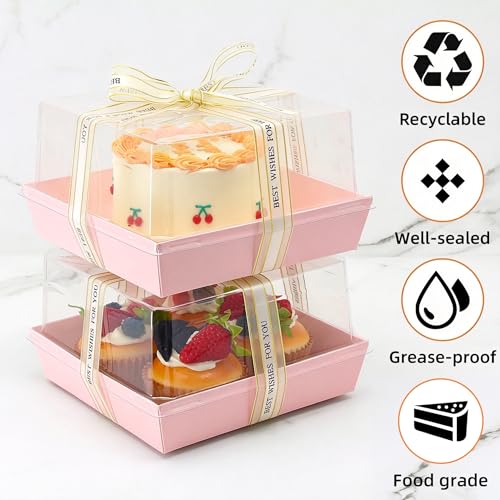 7 x 7 x 4 Inches Clear Cake Boxes for 6 Inch Cake, Paper Charcuterie Boxes with Clear Lids, 25 Pack Disposable Bakery Food Containers Large Dessert, Cupcakes,Pie,Cookies, Cocoa Bomb (Pink) - color: Pink
