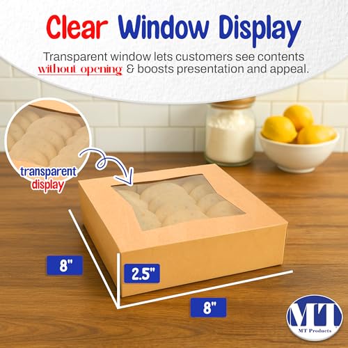 MT Products Kraft Cookie Boxes 8" x 8" x 2.5" - Auto Pop-Up Bakery Boxes with Window (Pack of 25) - Made in the USA - color: Brown