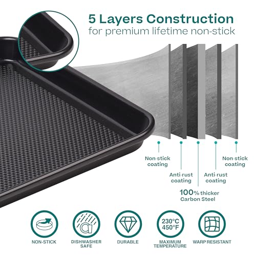 Baker's Secret Baking Sheet Pan Set, 2x Cookie Sheets for Oven 13.8x10', Diamond Texture Premium Air Flow Circulation, Baking Trays, Extra Thick 0.6mm Diamond Base PFOA, PFOS, PTFE and PFAS free - color: Black, size: 2 Pack Quarter Sheet