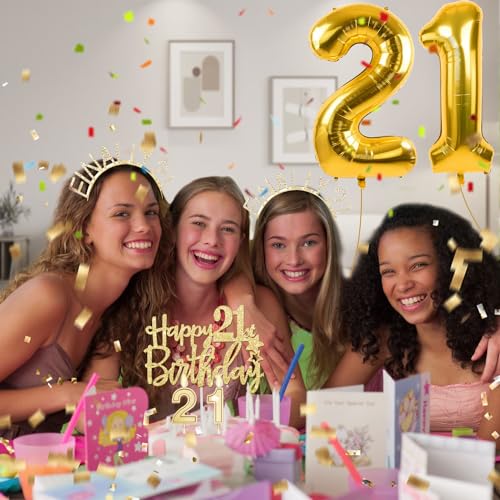 21st Birthday Decorations for Her Include 21st Birthday Sash and Rhinestone Finally 21 Headband, Candles and Cake Topper, 21 Year Old Gifts for Her - style: TJ21