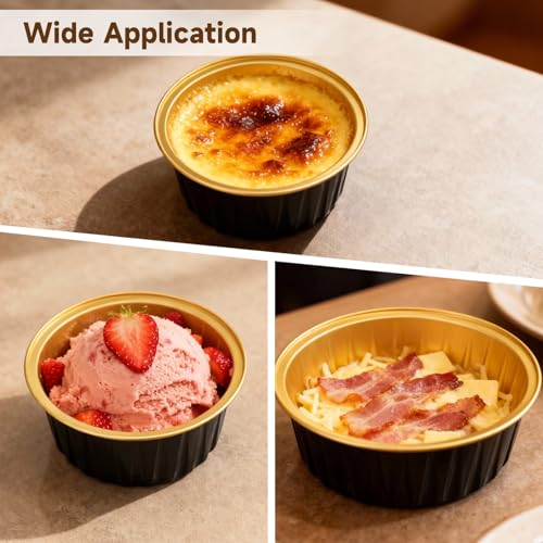 Disposable Ramekins with Lids, 100 Pcs 4.2 oz Aluminum Foil Baking Cups Containers for Cake, Dessert, Muffin, Cupcake, 3.3 x 2.1 in, Black Gold
