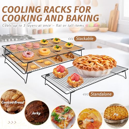 3-Tier Baking Cooling Racks, 17"x11" Stacking Cookie Racks, Collapsible - size: Large