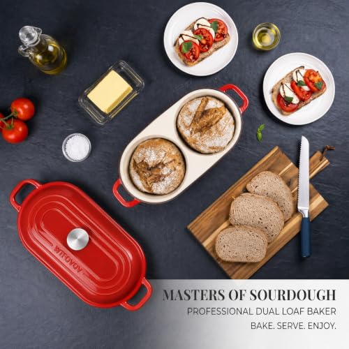 DIY Double Dutch Oven for Sourdough Bread Baking – Enamel Cast Iron Bread Baker with Lid, Bake Two Different Loaves at Once, 500°F Oven Safe, Includes 2×6" Banneton Proofing Baskets - color: Red