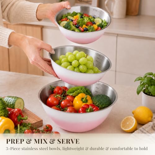 Pink Gradient Mixing Bowls with Measurements, 3-Piece Set - color: Pink Gradient