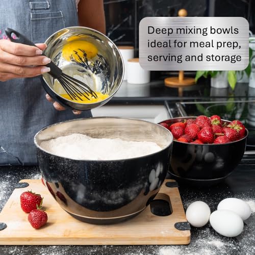 WHYSKO Stainless Steel Mixing Bowls Set, 3-Piece with Silicone Base - color: Black