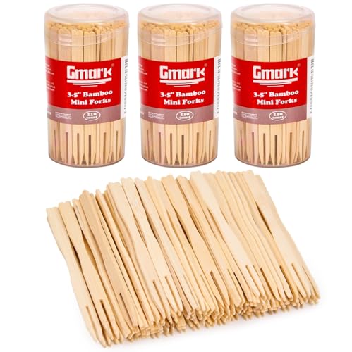Gmark Premium Thick & Sturdy Natural Bamboo Double Prongs Mini Forks 3.5 Inch 330pc, Fruit Picks/Cocktail Forks/Party Forks/Buffet Forks/Cocktail Picks for Appetizer, Cocktail, Pastry GM1031C - size: 330ct