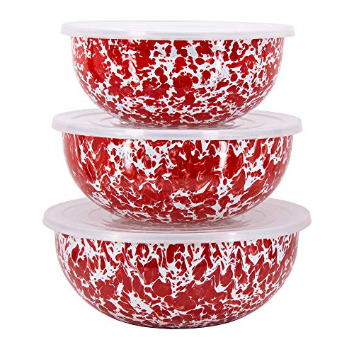 Golden Rabbit Enamelware Nested Mixing Bowls with Lids, Set of 3, Red Swirl - color: Red Swirl