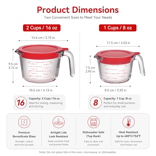 2 Pack Borosilicate Glass Measuring Cups with Lid, 1 & 2 Cup Heat Resistant Liquid Measuring Cups, Oven Microwave Freezer Dishwasher Safe for Baking Cooking Food Prep