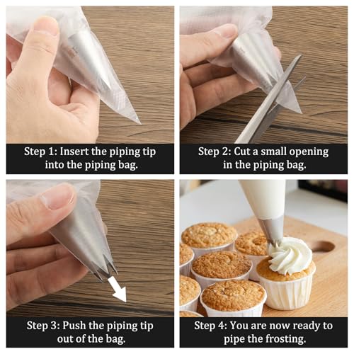 3 Pcs 1M Piping Tips Set, Stainless Steel Star, With Piping Bags