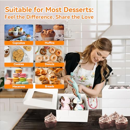 50-Set Cupcake Boxes Bulk with Clear Display Window Hold 4 Standard Cupcakes, Disposable Food Grade White Cupcake Carrier Cupcake Container, Perfect for Cupcakes Muffins Cookies Pastries