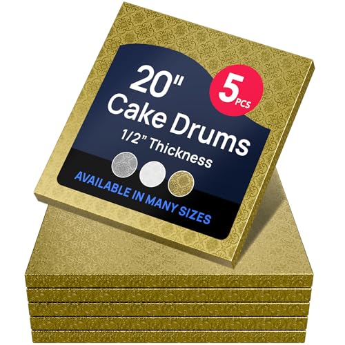 O’Creme Cake Board, Gold Foil Square Cake Drum with Gorgeous Design, Sturdy & Durable 1/2” Thick Cake Drums, Square Cake Boards 20” x 20” Inch, Pack of 5 Disposable Cake Drums - color: Gold, size: 20" x 20"