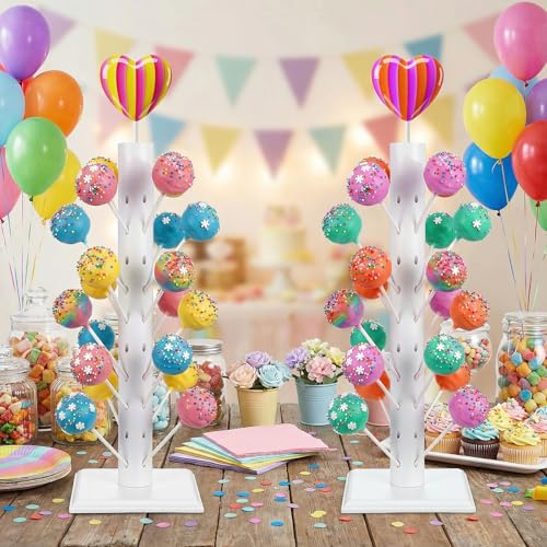 2 Pcs Wood Cake Pop Stand, 60 Hole Lollipop Holder Wooden Candy Dessert Decorative Display For Wedding, Birthday Party, Christmas Table Decoration, White
