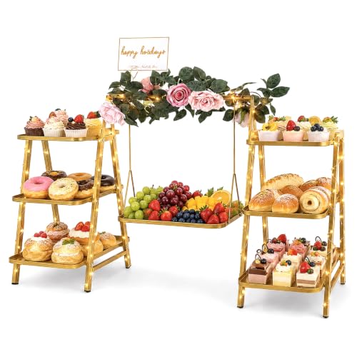 Metal 3 Tier Cupcake Stand with Fairy Lights, Flower Garland,Gold - color: 2-Gold