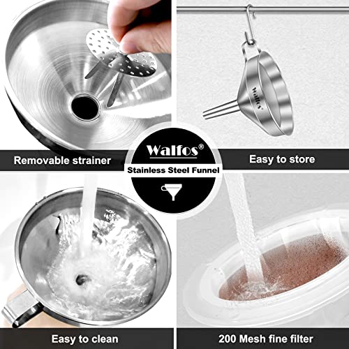 Stainless Steel Funnel, Walfos Kitchen Funnel with 2 Removable Strainer ＆ 1Pc Cleaning Brush, Perfect for Transferring of Liquid, Oils, Jam, Dry Ingredients & Powder (Big, 4.9") - color: 1pcs 4.9in Stainless Steel