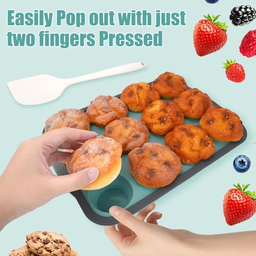 12 Cups Silicone Muffin Pan with Spatula, Nonstick Cupcake Mold
