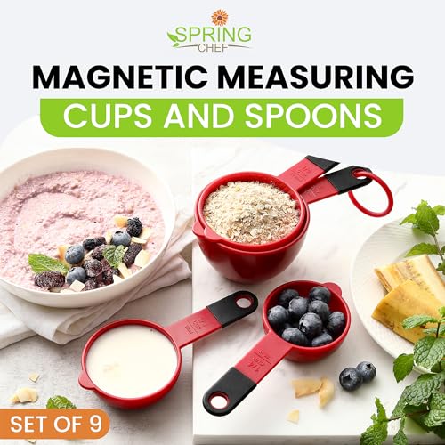Spring Chef Set of 9 Plastic Magnetic Red Measuring Cups and Spoons - color: Red