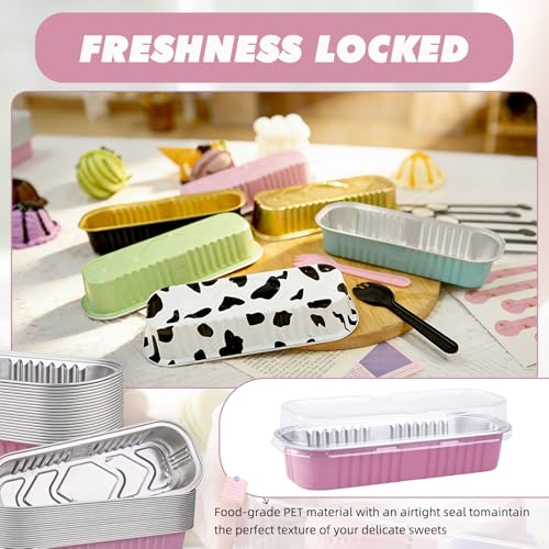 24 Pack Mini Loaf Pans, 7.5oz Mini Cake Pan & Mini Cupcake Pan Set – Disposable Aluminum Baking Pans with Lids, Spoons & Stickers, Premium Sturdy Gift Set for Cakes, Cupcakes, Desserts & Party Treats - color: Pink