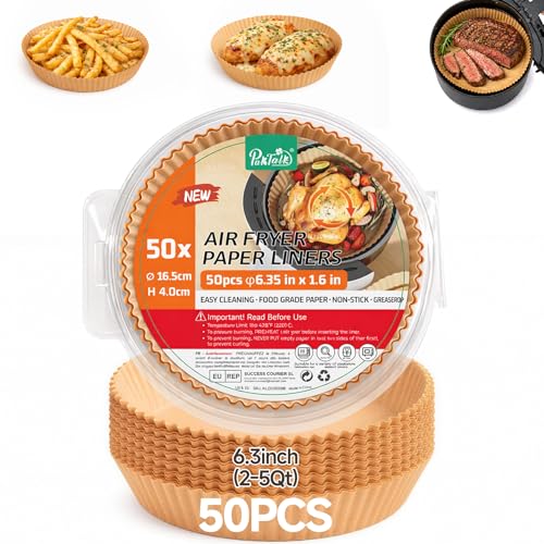 PakTalk Air Fryer Liners Disposable, Round Non-Stick Oil Proof Parchment Paper for Air Fryer Basket, Pre-Cut Bowl Shape Unbleached Food Grade for Oven Microwave Steamer (6.3 inch-50 pack) - size: 6.3 inch-50 pack