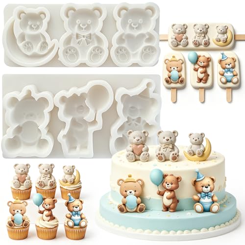 2Pcs Teddy Bear Fondant Mold Set, Moon Balloon Bear Silicone Molds - color: Bear silicone mold