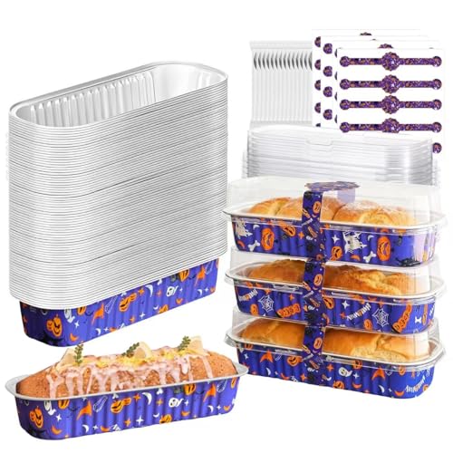 Halloween Mini Cake Pans with Lids 6.8oz, 100Pack Aluminum Foil Ramekins - color: Purple Halloween