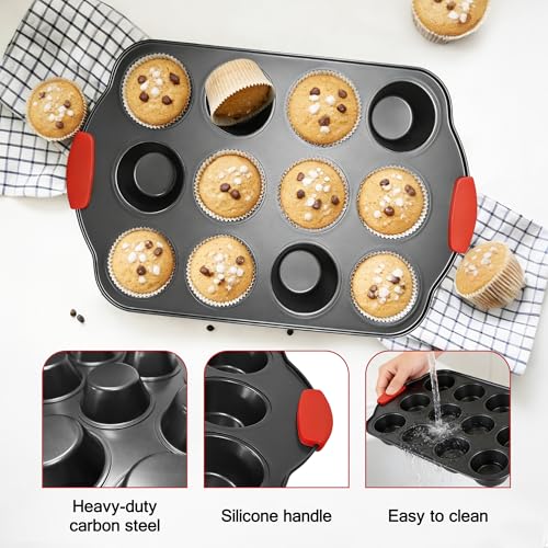 Mini Muffin Pan 12 Cup Muffin Pan with Silicone Grip Handles - color: Black, size: 12 Cup Muffin Pan