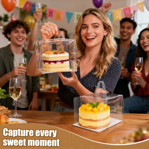 RAINFLOW 6 Packs Clear Cake Boxes with Handle - 6x6x5 Inch Gift Treat Boxes